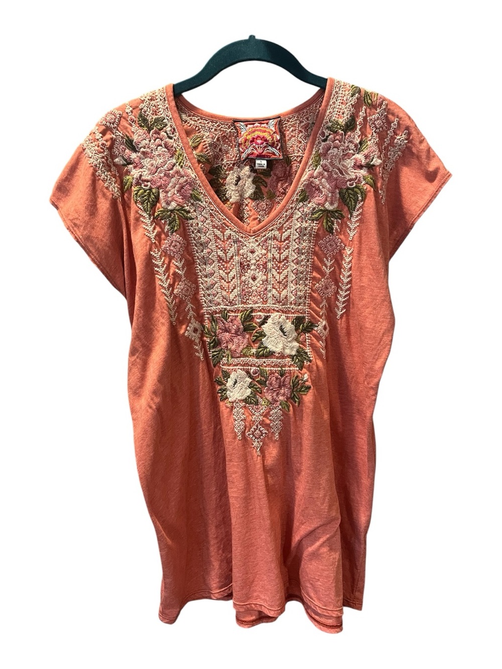 Johnny Was Coral Embroidered V-Neck Tunic